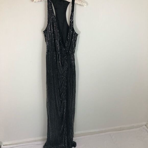 NWT Parker Theron Liquid Silver Beaded Dress 0 New with Tags Black Vneck Split - Picture 3 of 8